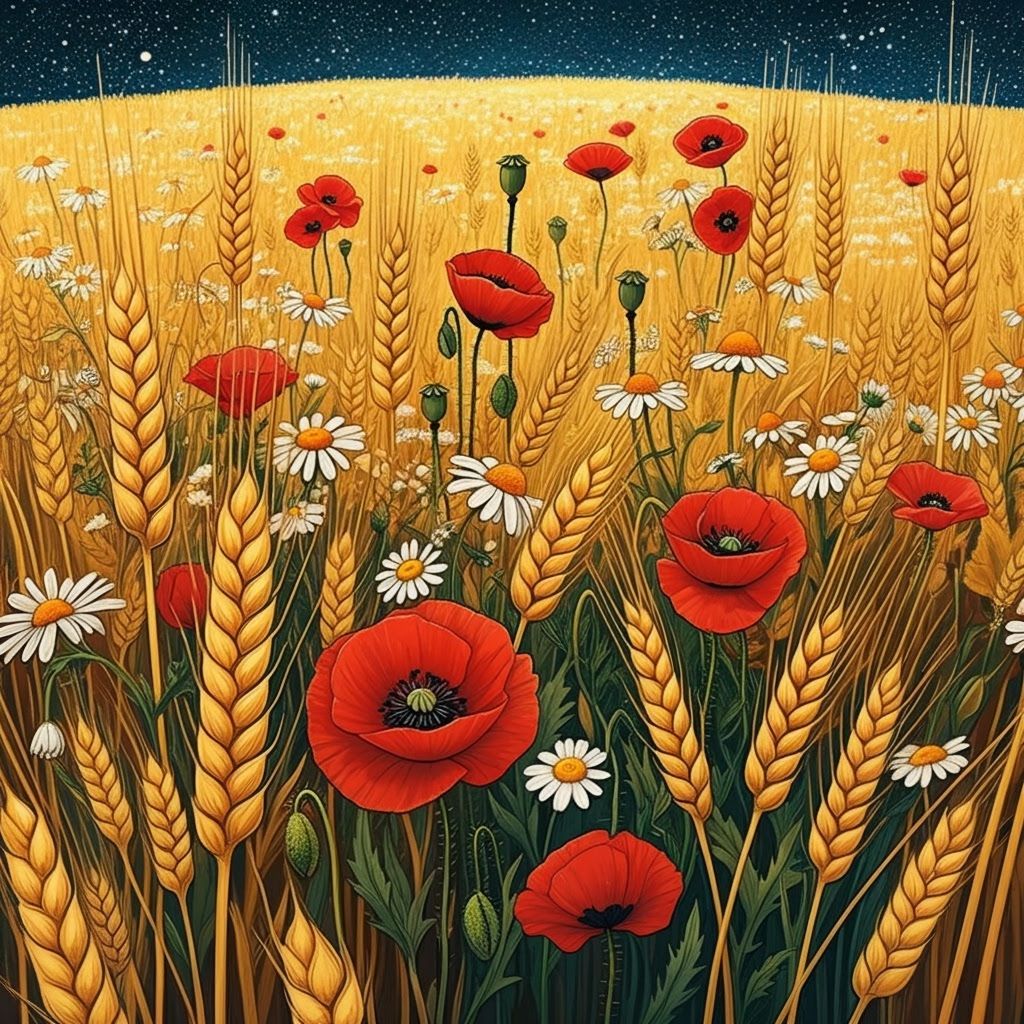 Golden Wheat Field in Mandala Folk Art Style
