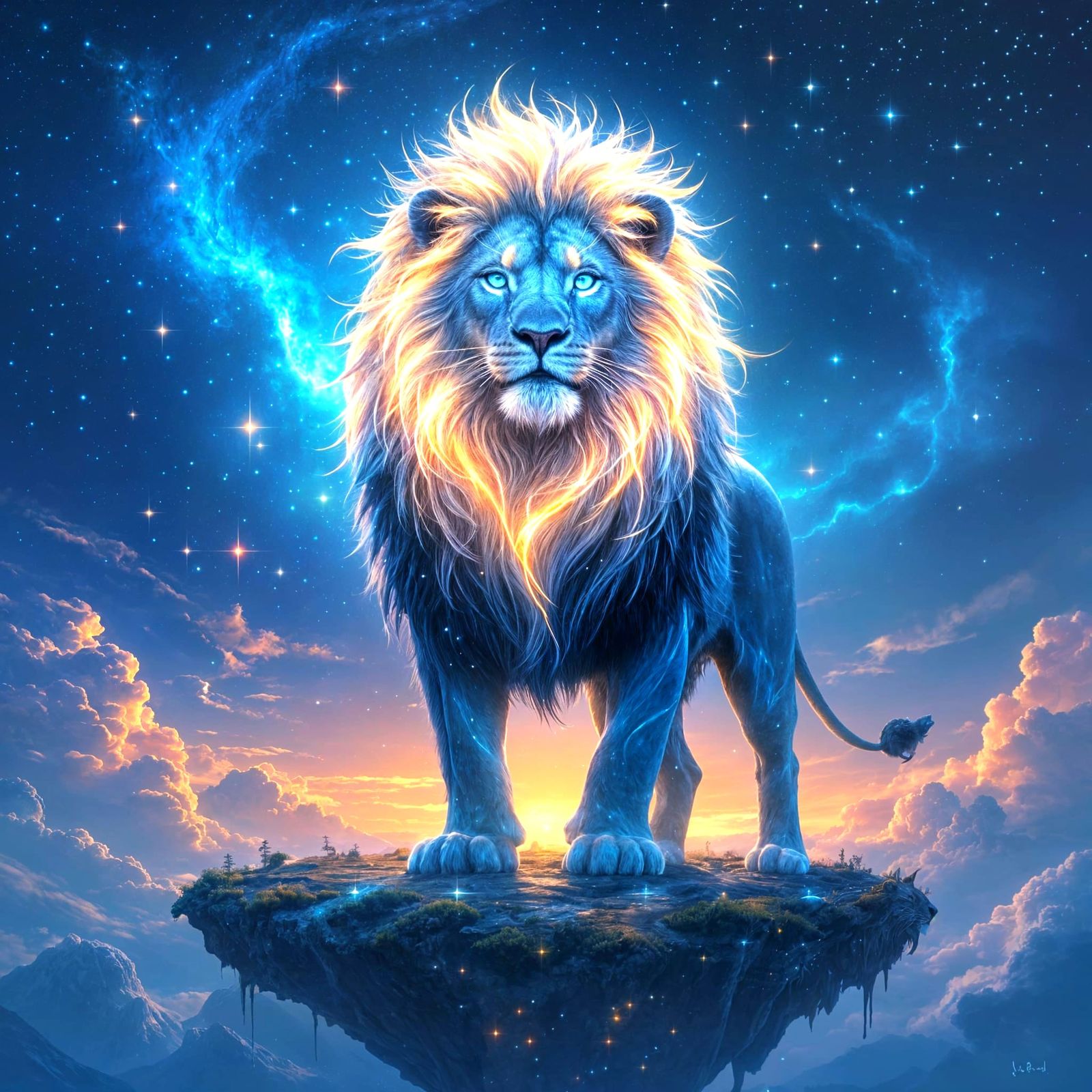 Bioluminescent Lion on Floating Island in Nebula
