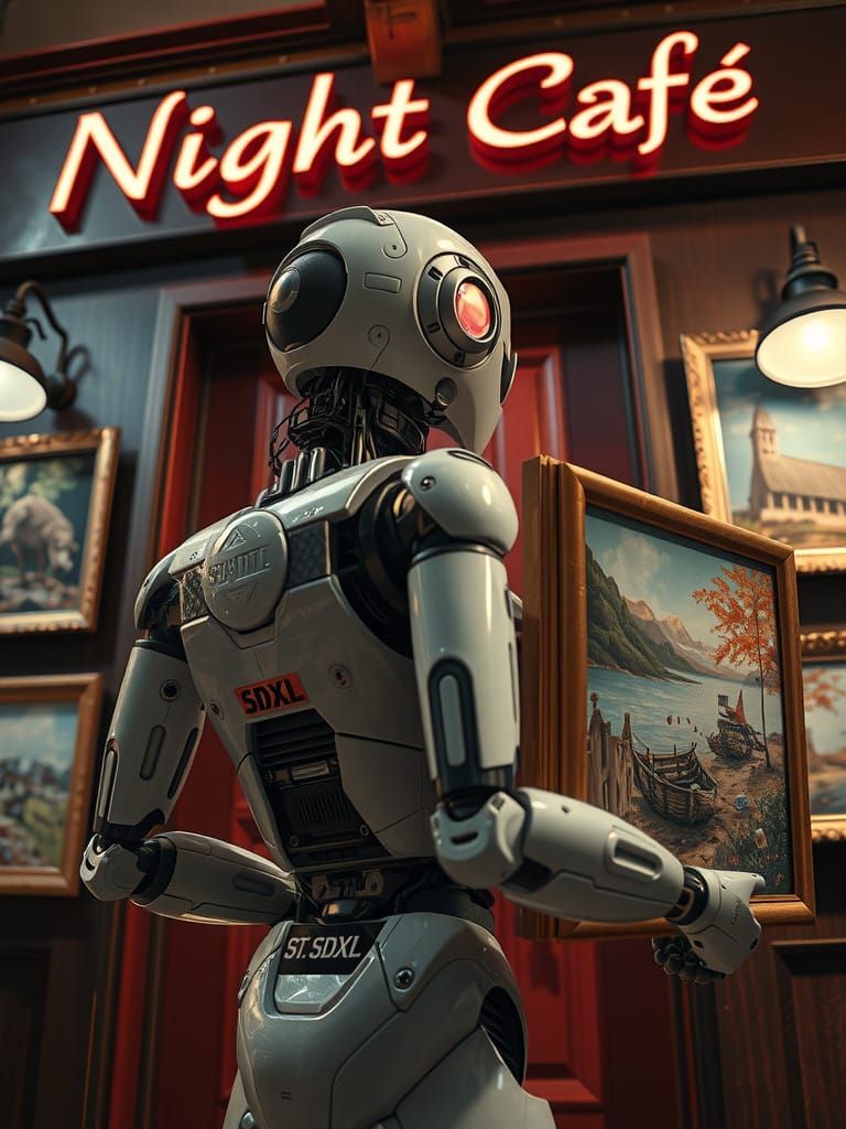 Humanoid Robot Admires Night Café Artworks in Intimate Setti...