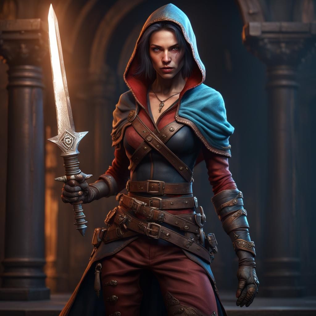 Female human rogue with glowing short sword