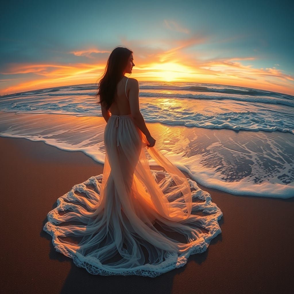 Sunset Seafoam Waves Form a Woman on Beach