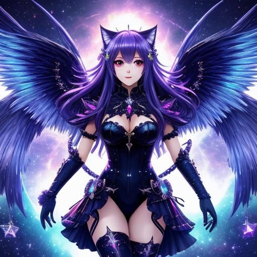 Kawaii anime neko girl with demonic crystal wings 128k resol...