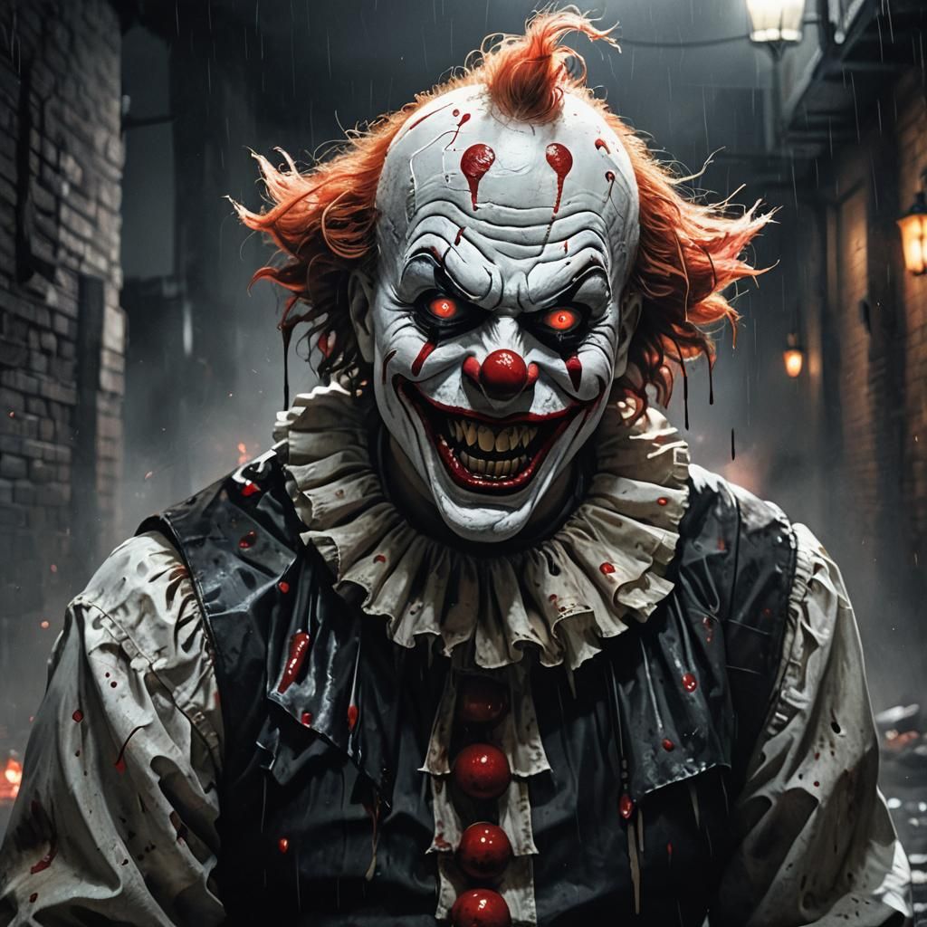 Evil Clown Feast in Dark Alley: Horror Concept Art