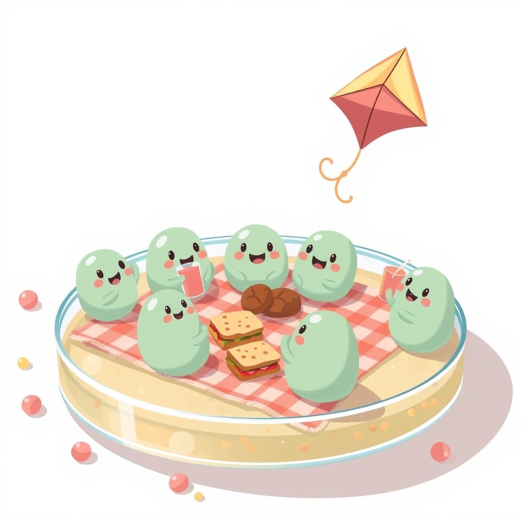 Cheerful Microbes Picnic on Petri Dish in 2D Illustration St...