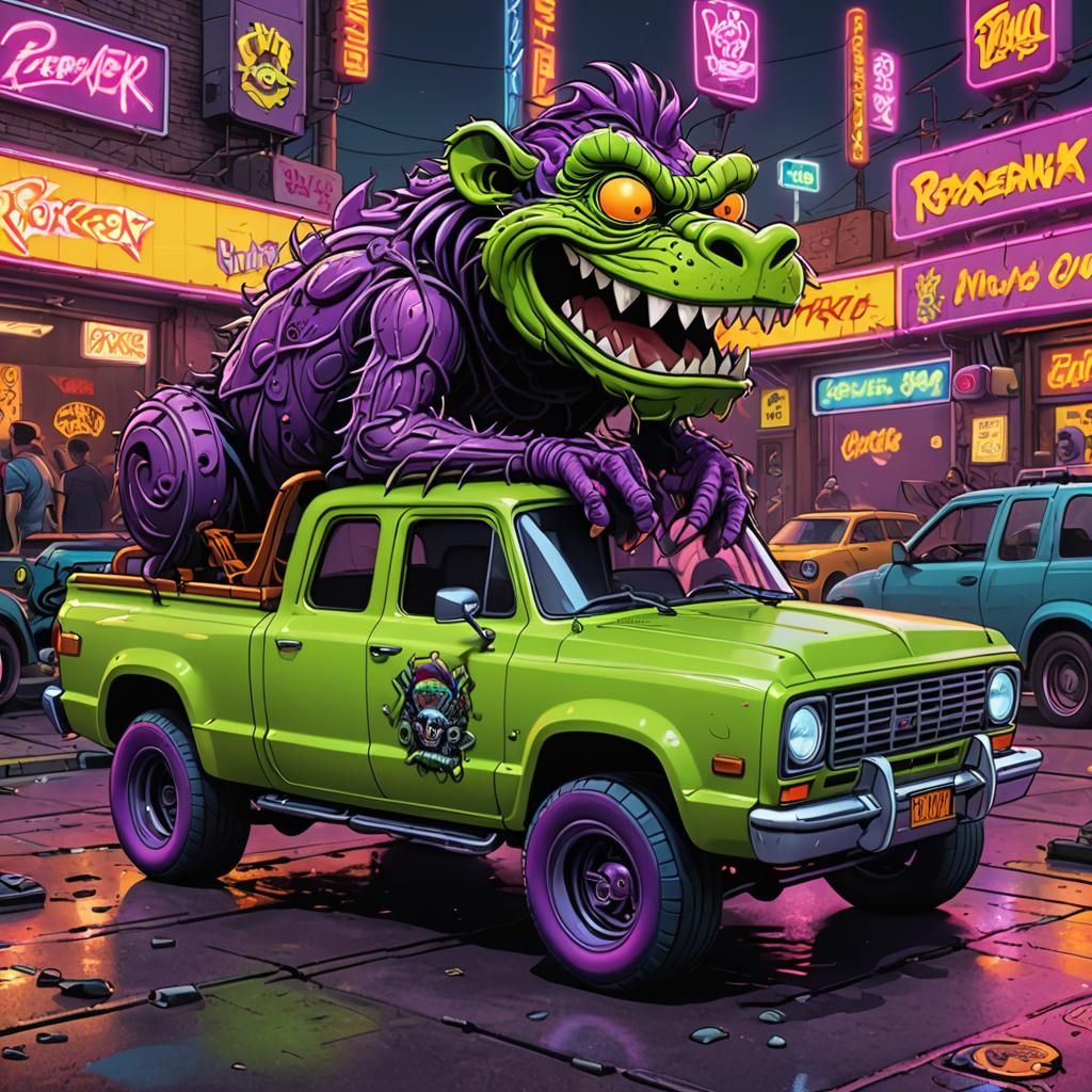 Rat Fink Driving Hot Rod in Cyberpunk Style