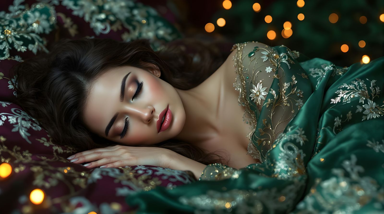 Ethereal Slumber: Serene Woman in Lavish Bed
