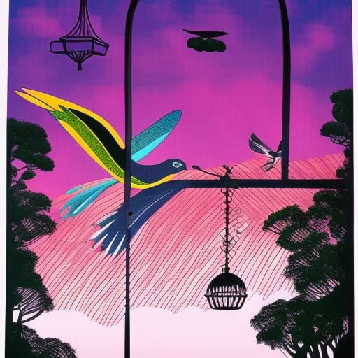 Birdcage Silhouette over Colorful Sky: Paper-Cutting Style