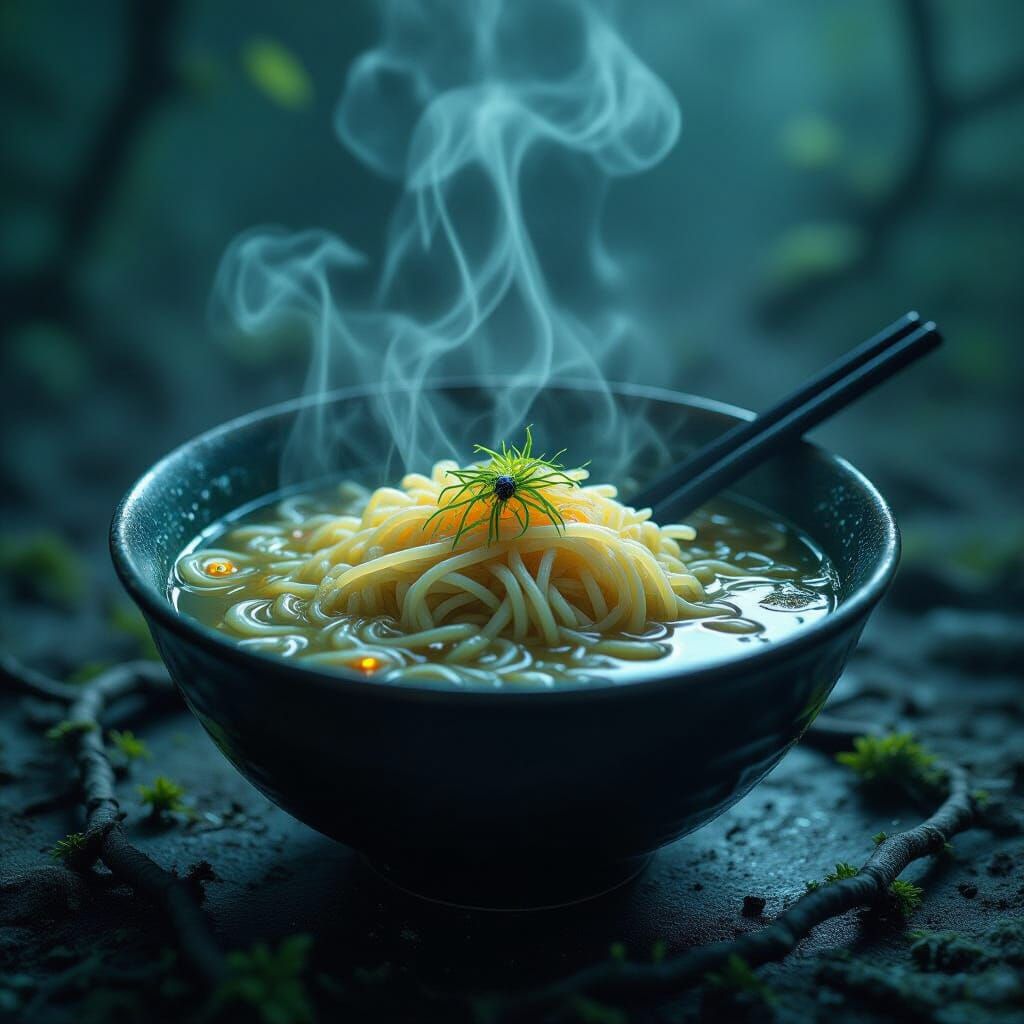 Surreal Ramen Nightmare Crafted from Vines and Wires