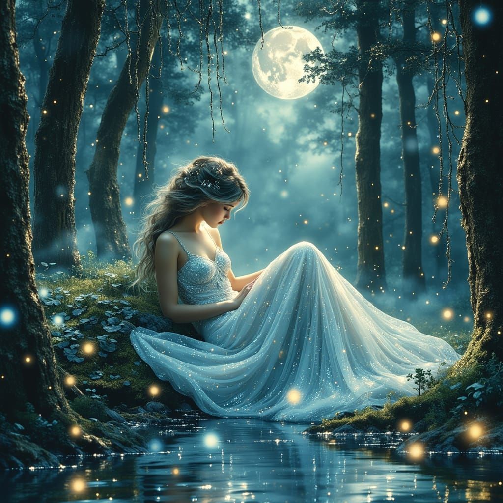 Moon Maiden and Unicorn in Mystical Forest