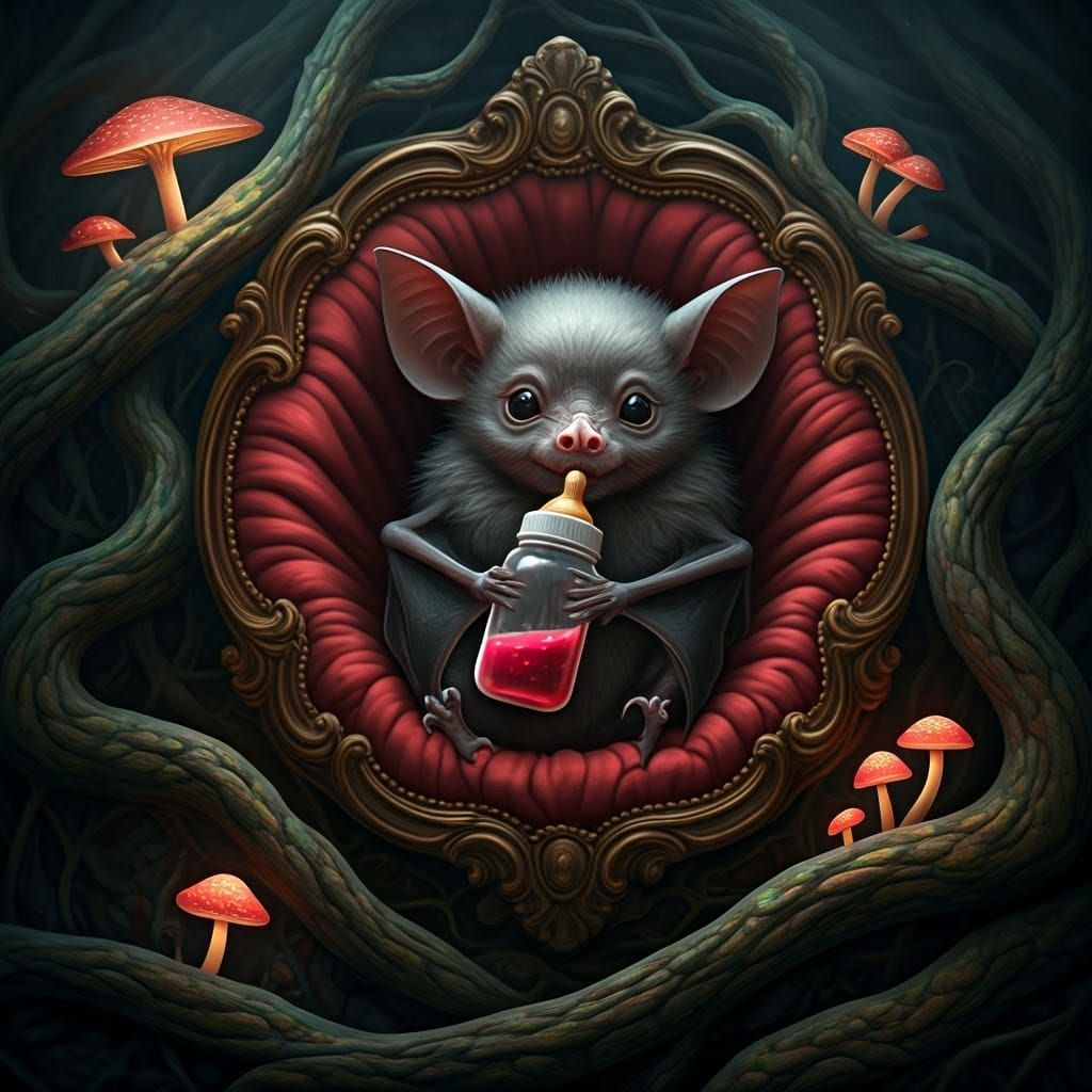 Vampire Bat Baby in Forest Cradle, Hyper-Realistic