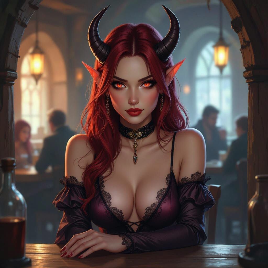 Tiefling Rogue in Tavern Shadows: Detailed Digital Art