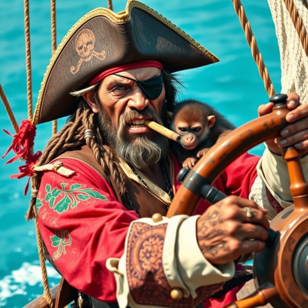 Tough Pirate Captain with Intricate Wooden Leg and Musket