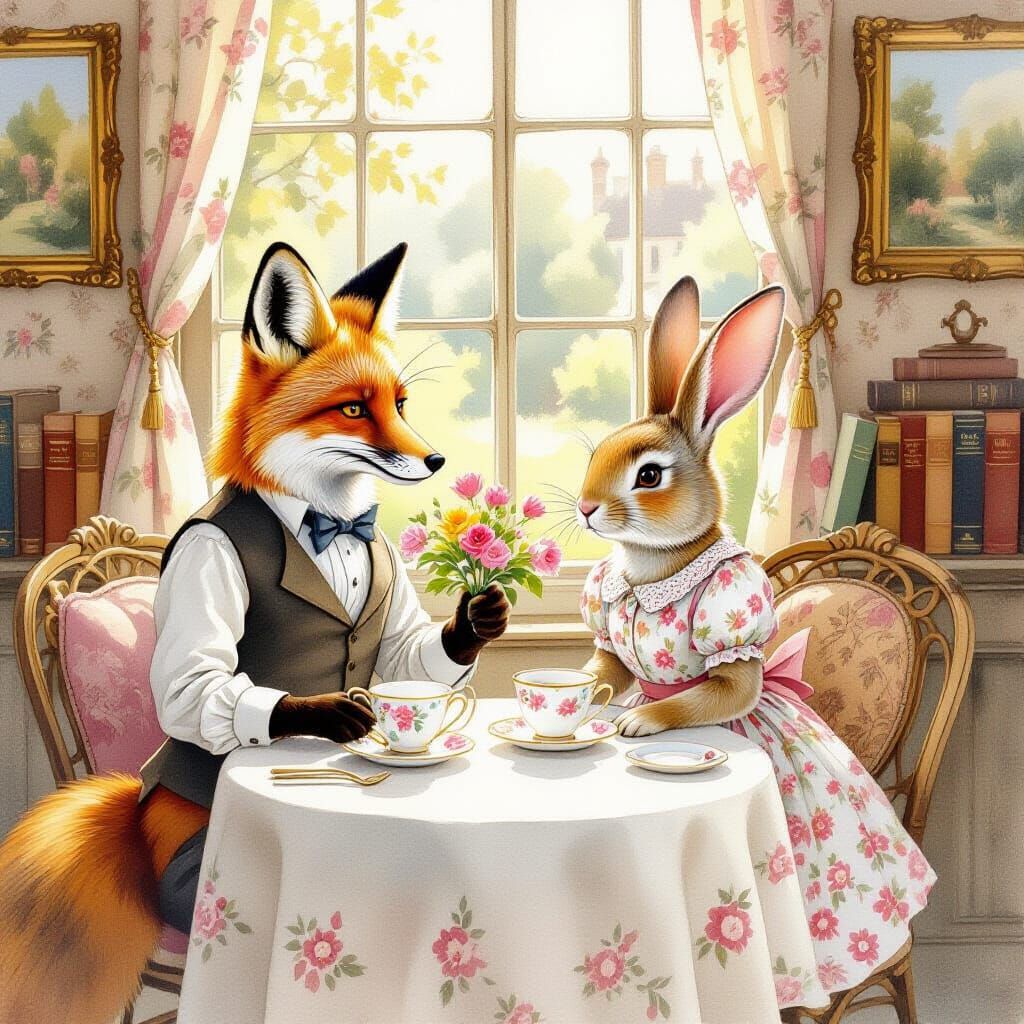 Anthropomorphic Animals at Afternoon Tea in Watercolor Style