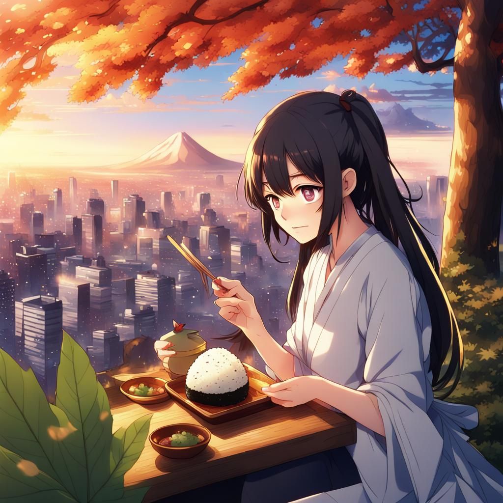 Delicious Onigiri in Metropolis Sunset: Anime Key Visual