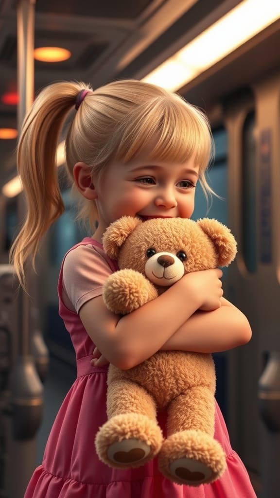 Girl Hugging Teddy Bear on Train, 3D Digital Art