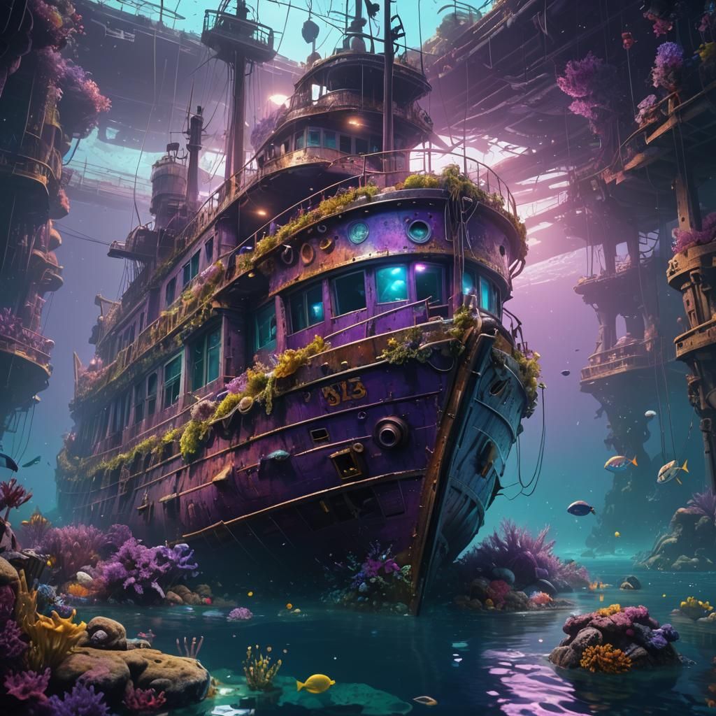 Underwater Ghost Ship Wreck in Dynamic Lighting