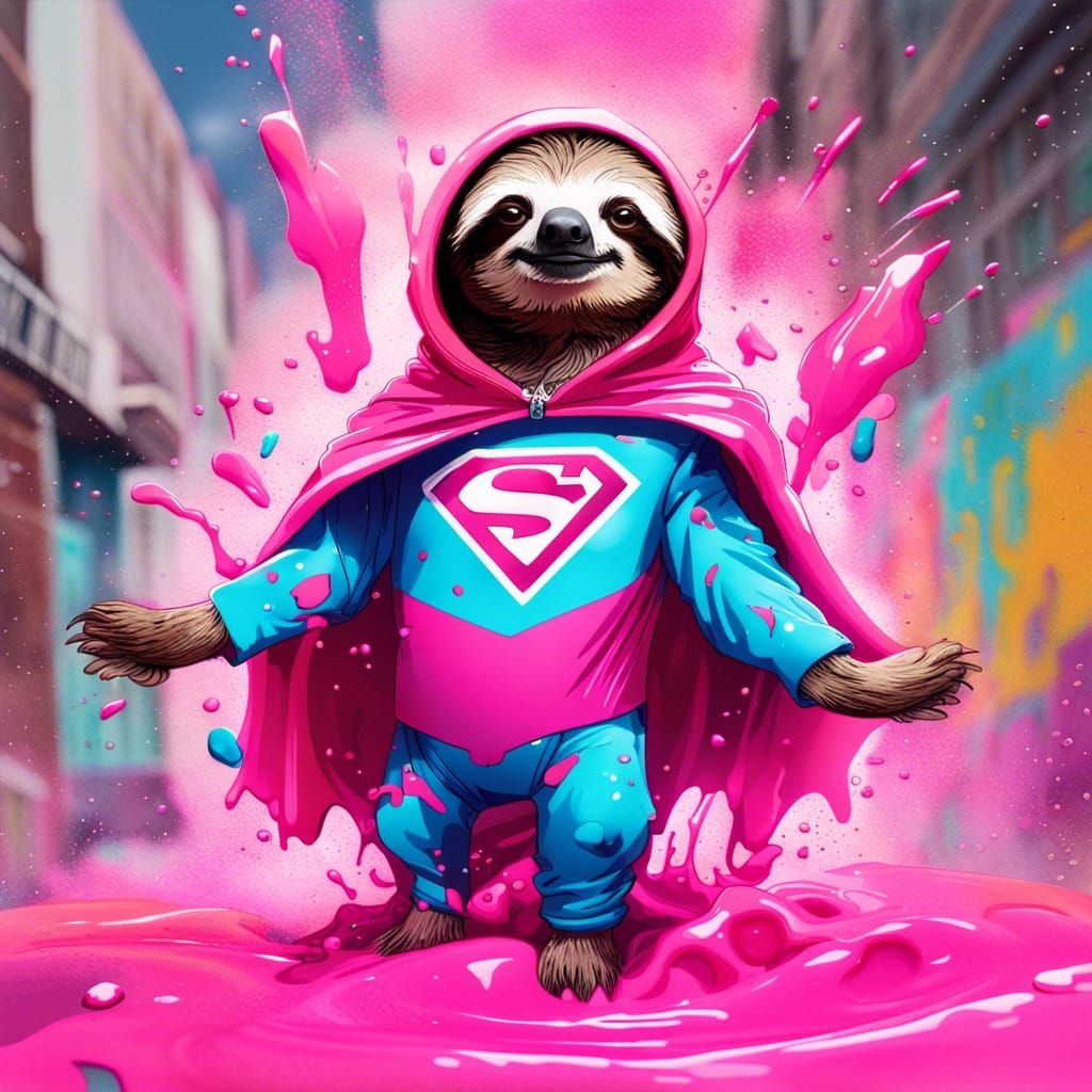 Superhero cartoon sloth dressed in his superhero kit, floating in a pink liquid explosion graffiti art, splash art, stre...
