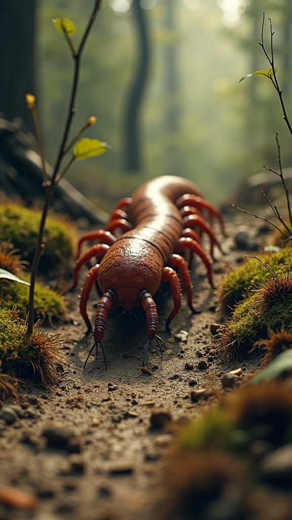 Centipede Captures Insect in Forest, Art Style