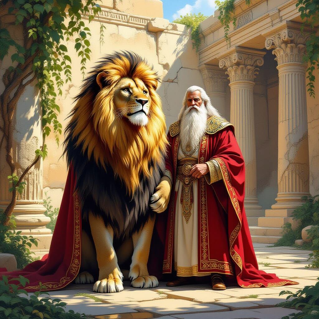 Lion and Wise Man in Ancient Temple Courtyard