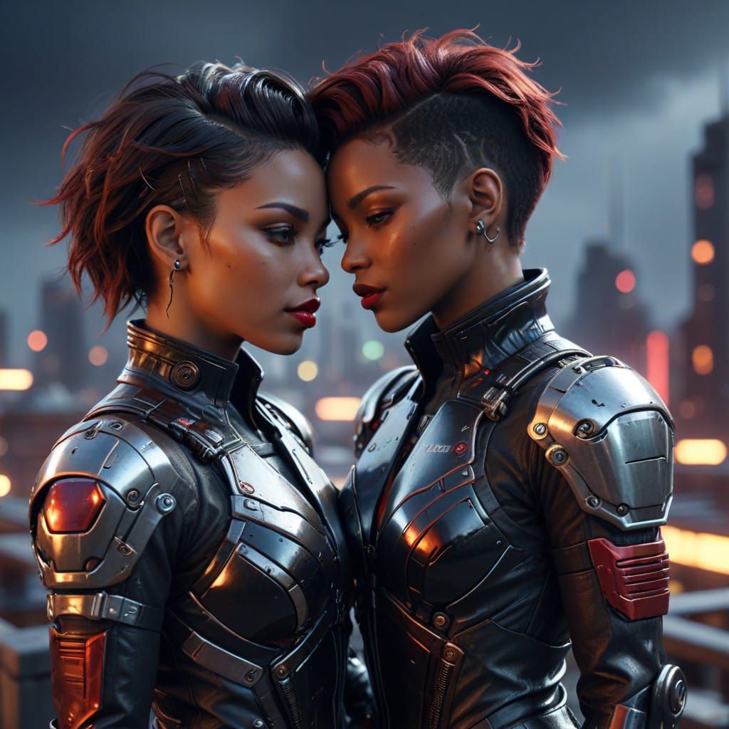 Cyberpunk Women in Embrace, Silhouette Against City Skyline