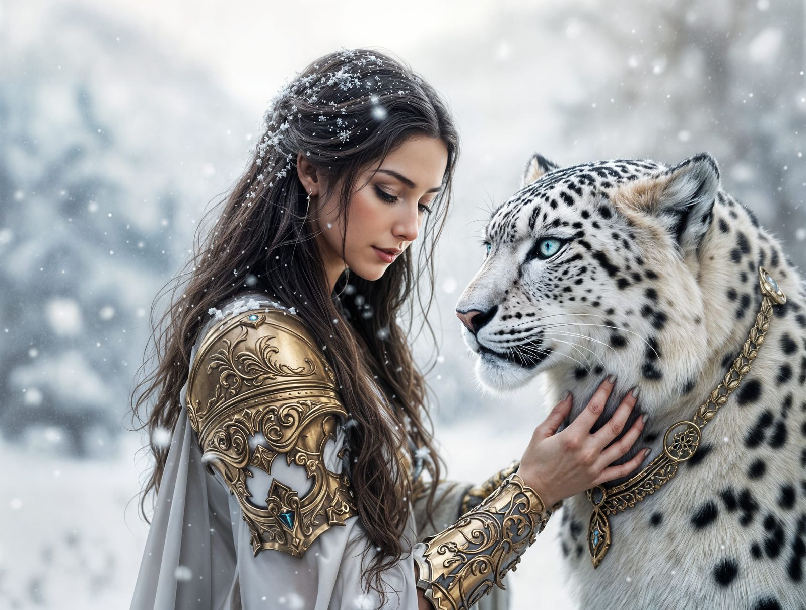 Serene Encounter of Warrior and Snow Leopard in Winter Wonde...