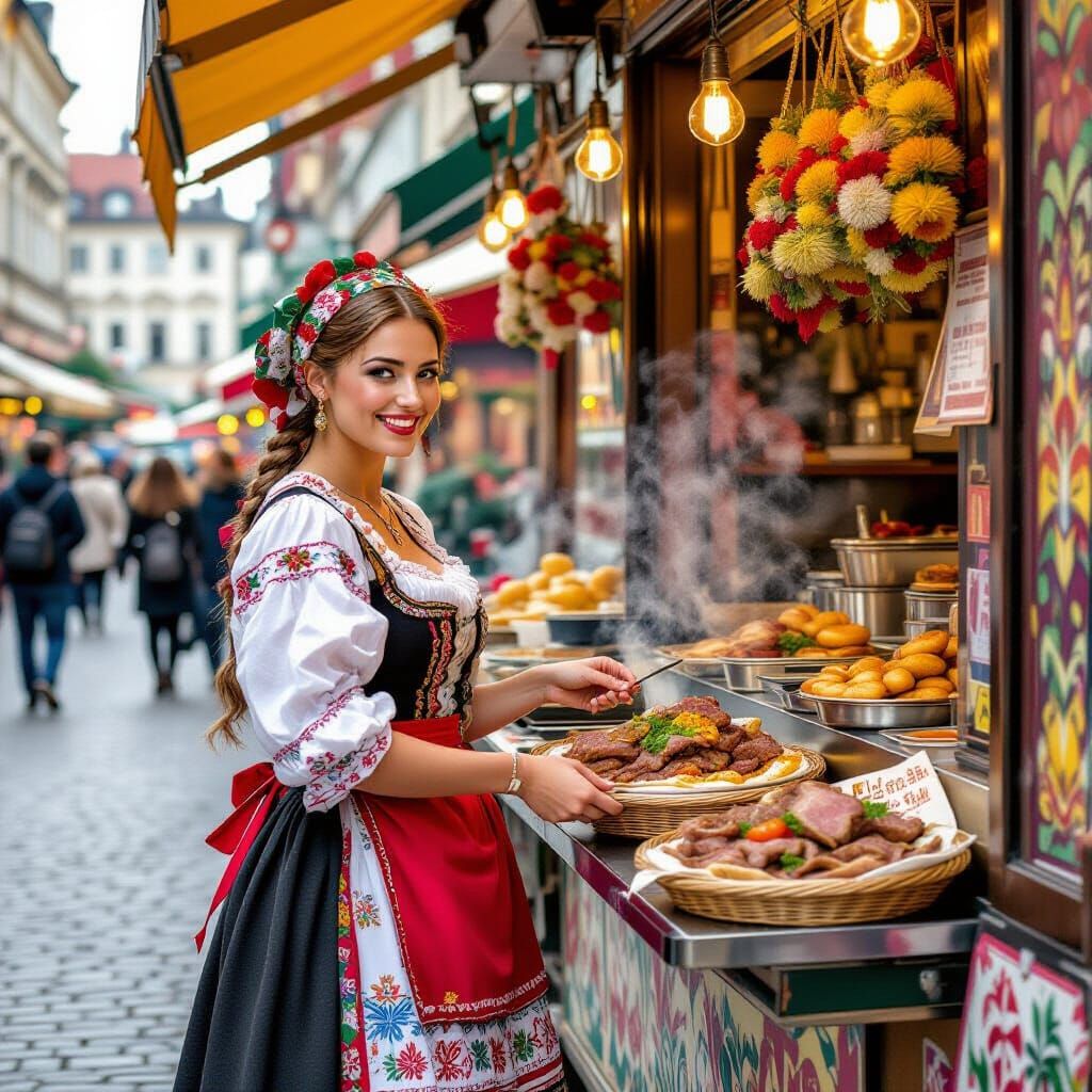 Hungarian Woman Serving Lamb Gyro, Mucha Style