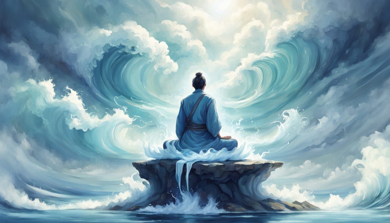 Meditating on a Cloud by the Ocean in Serene Digital Style