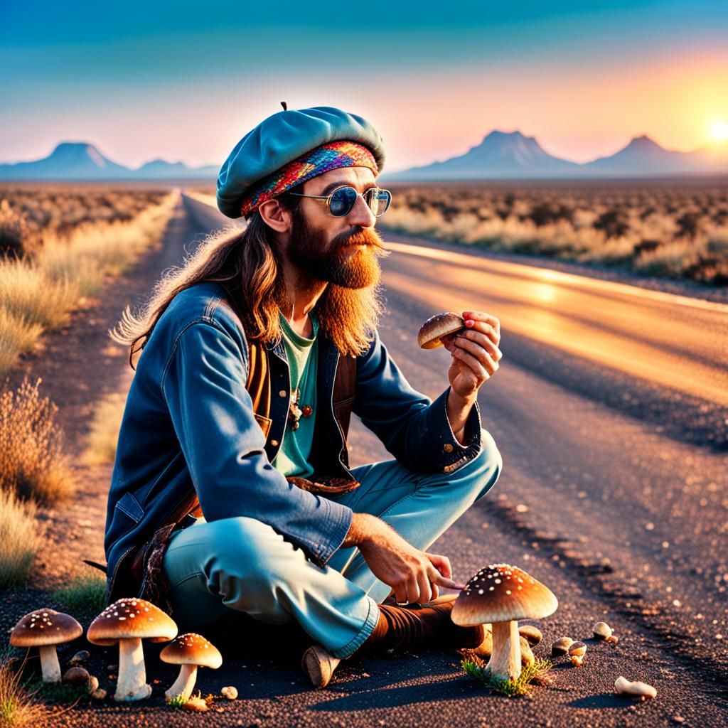 Hippie's Desert Sunrise: a 1970s Psychedelic Road Trip