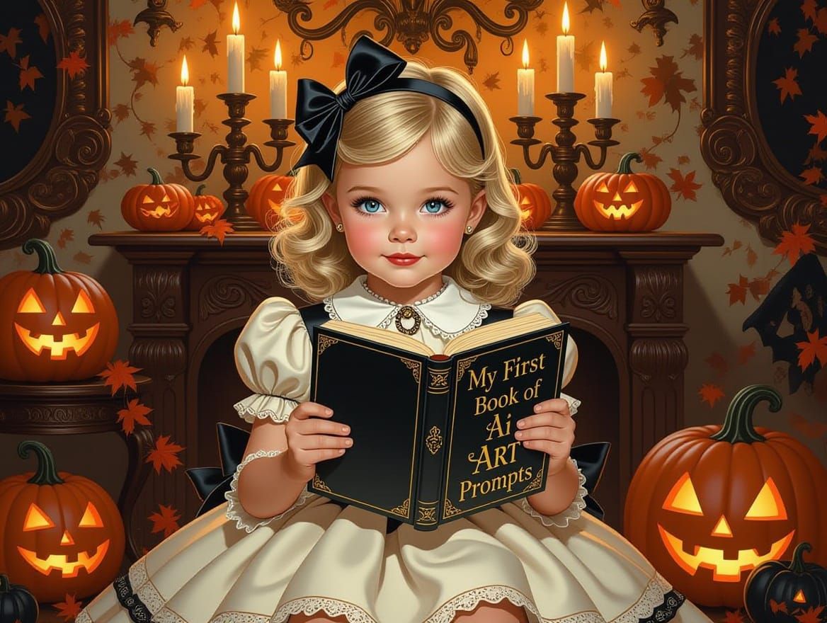 Nostalgic Halloween Scene with Girl Reading AI Art Book