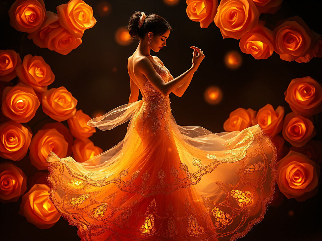Luminous Flamenco Dancer Amidst Roses in Art Nouveau Style