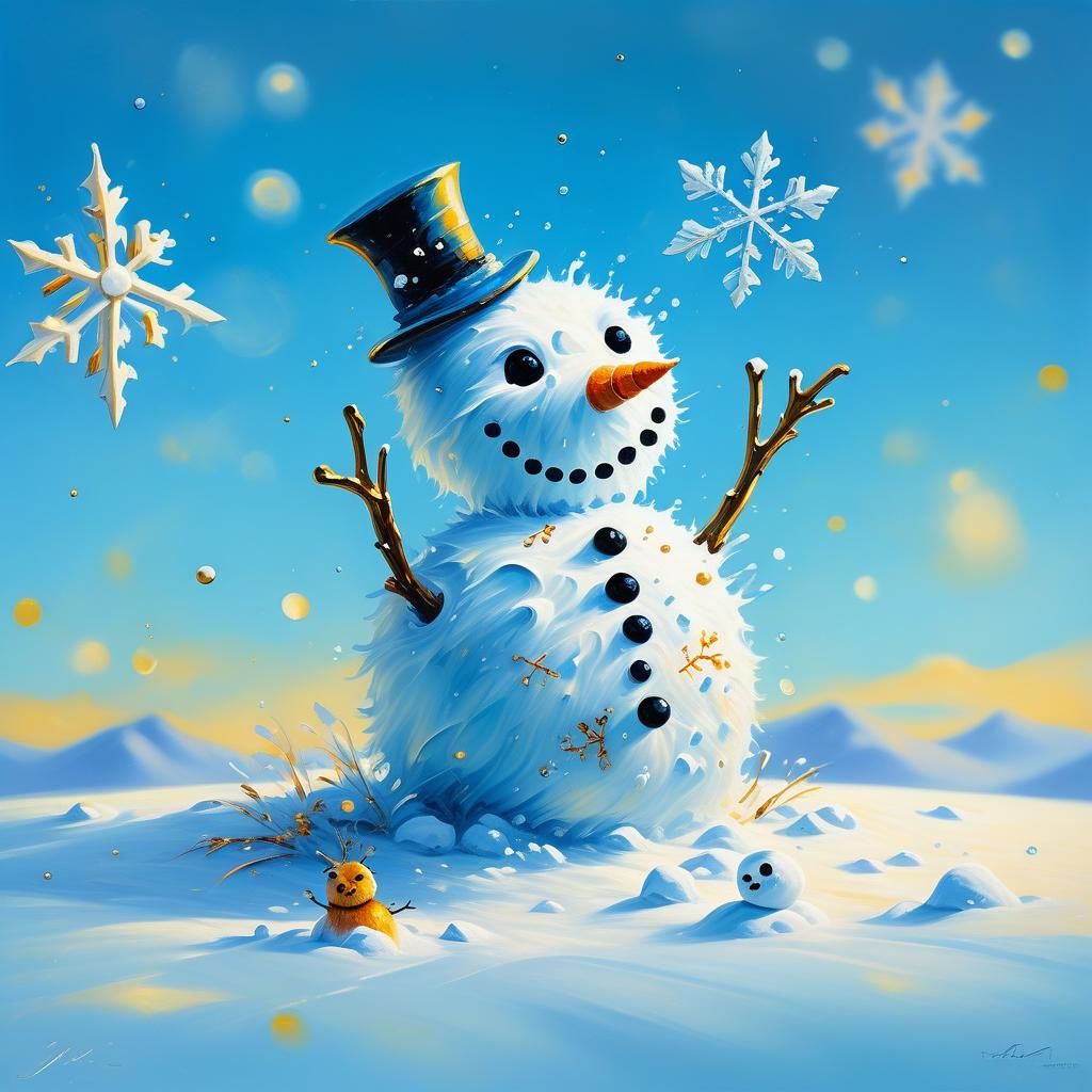 Whimsical Snowman Scene in Surrealist Style