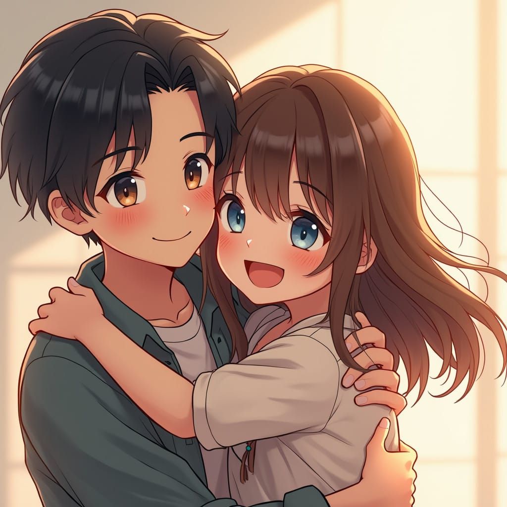 Korean Man and Girl in Charming Embrace, Inspired by 3D Anim...