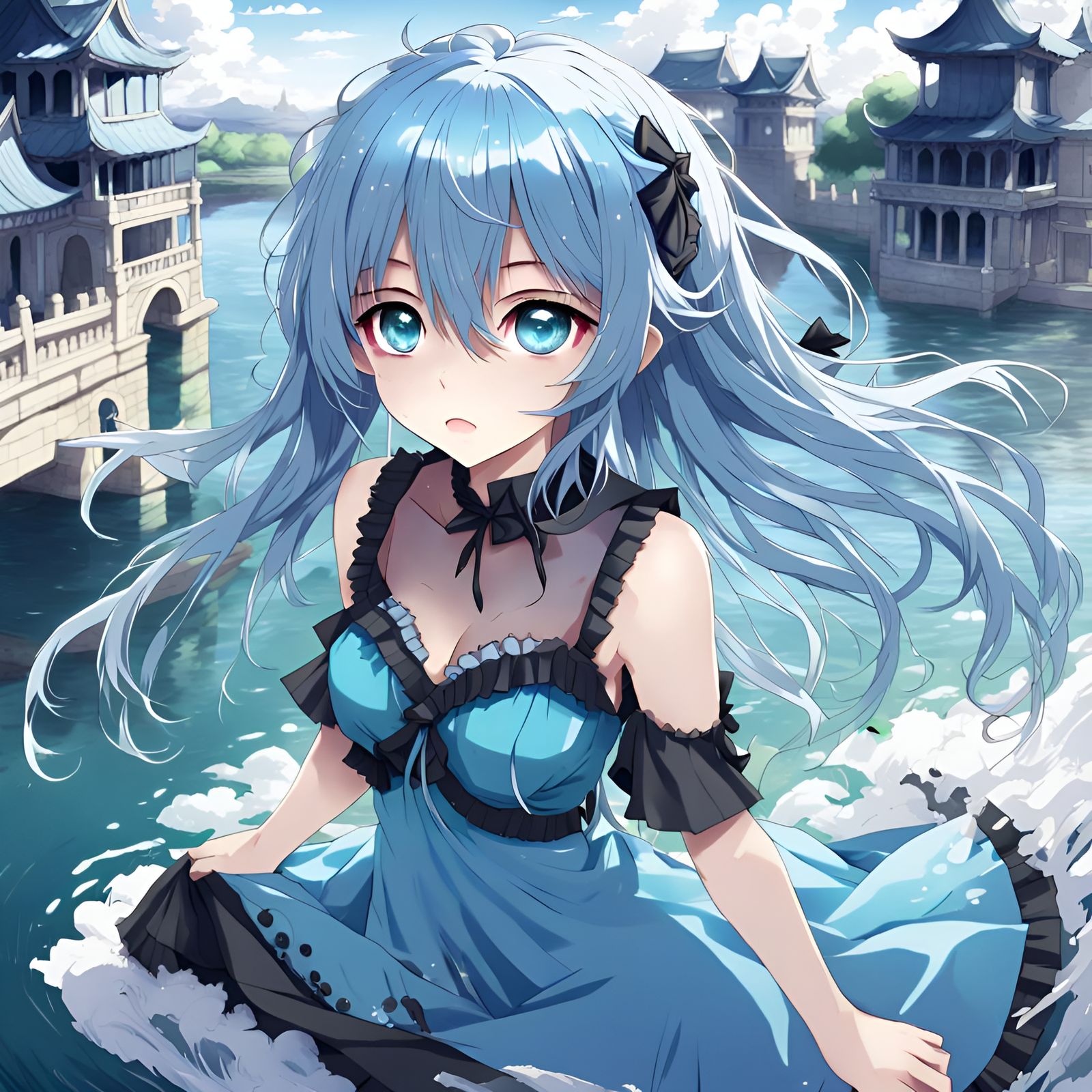 Anime-Style Character with Floating Palaces and Azure Hair