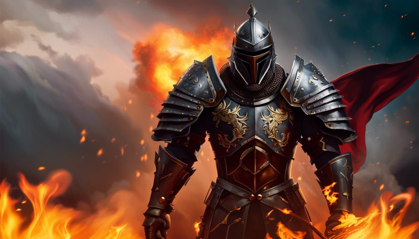 Armored Knight Walks Through Raging Flames