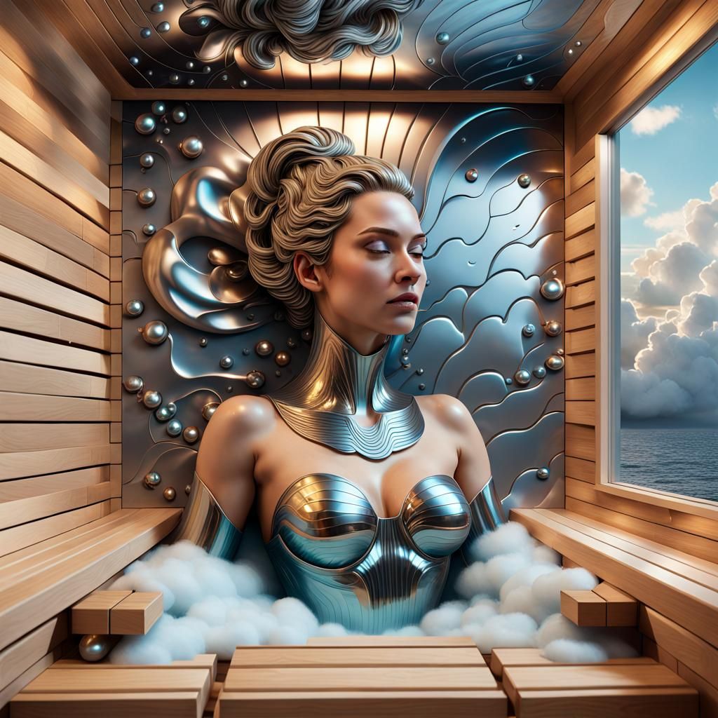 Futuristic Metallic Sauna with Water Woman, 3D Render