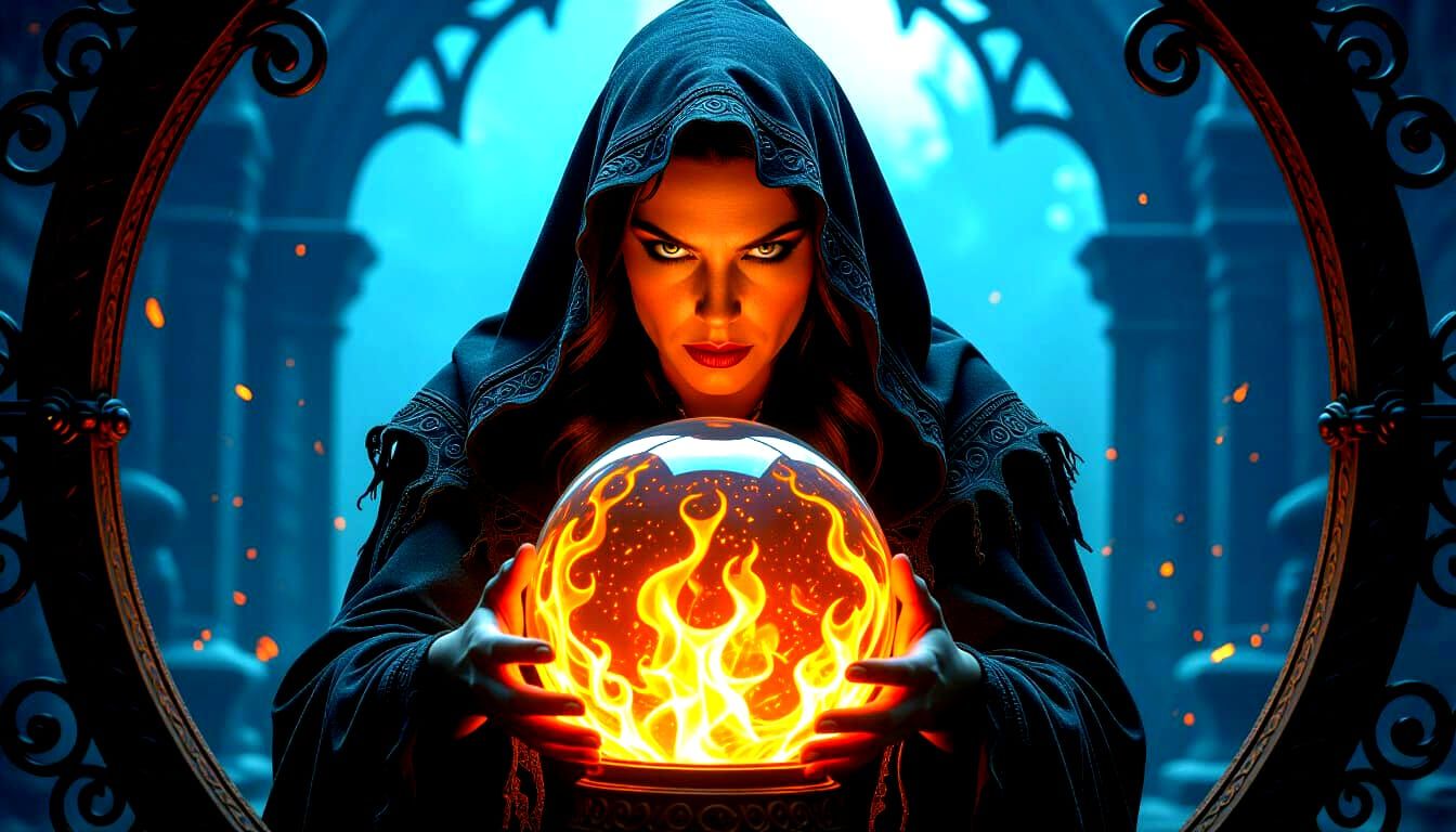 Evil Witch Holds Crystal Ball Amidst Swirling Flames