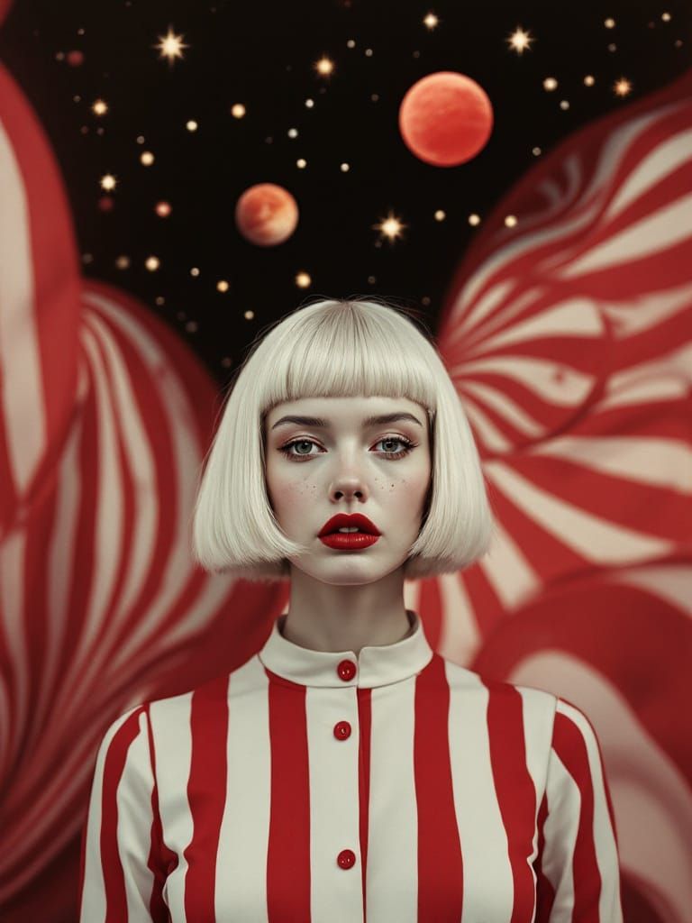 Woman in Striped Dress Against Cosmic Background