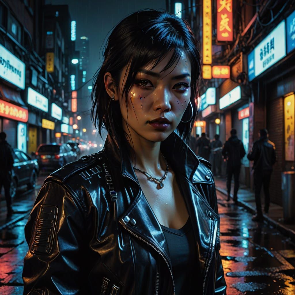 Cyberpunk Goth Girl in Neon Cityscape