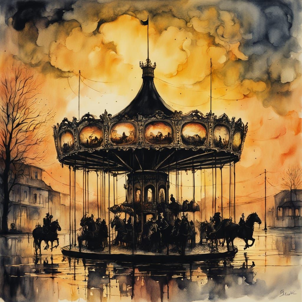 Carousel at Sunset: Modern Ink Painting
