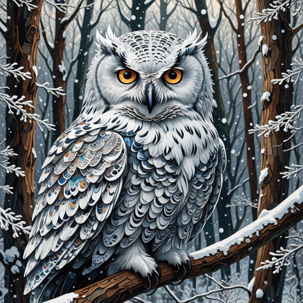 Abstract Snow Owl Portrait with Fractal Details
