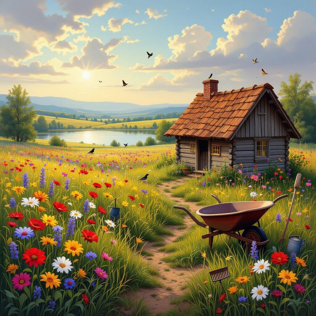 Golden Hour Meadow Painting with Rustic Cottage