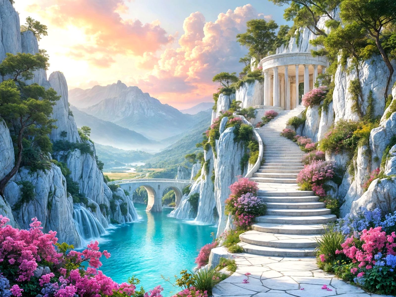 Dreamscape View of a White Stone Mountain Temple