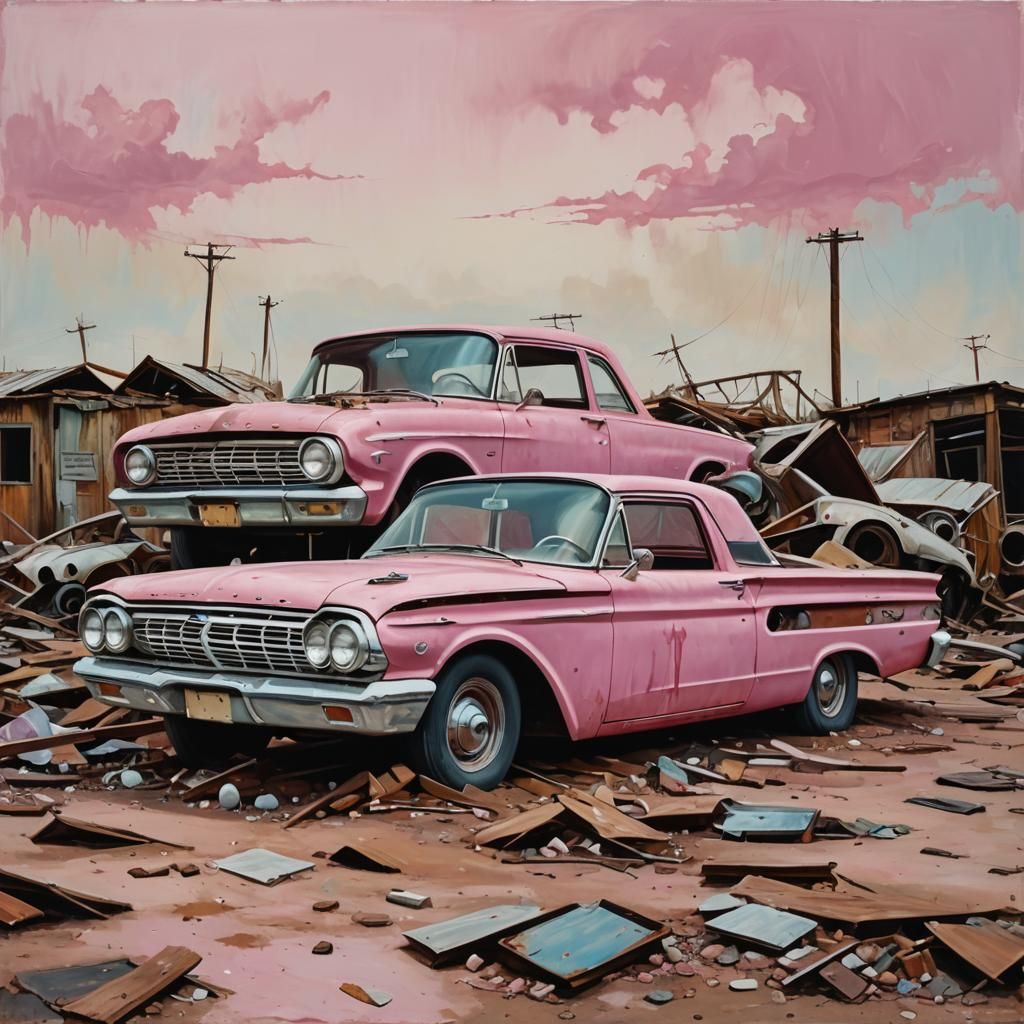 Pink Ford Ranchero in Junkyard, Surrealist Oil Painting