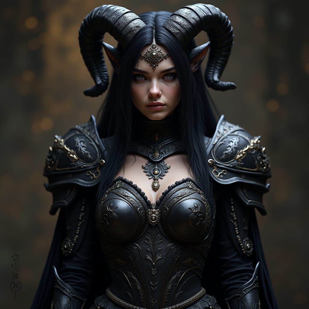 Strong Female Satyr in Black Armor Stands Tall