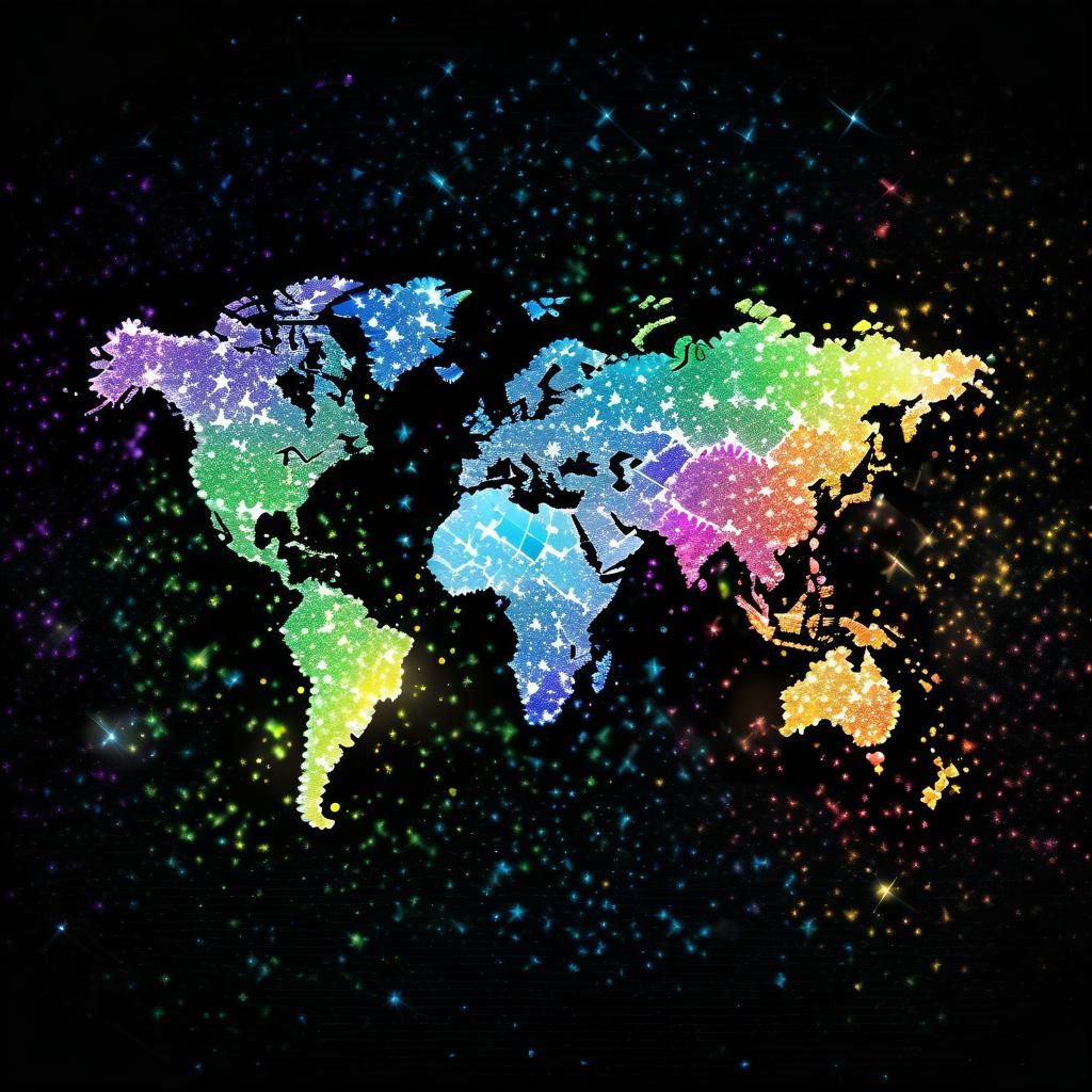 Rainbow World Map on Black Glossy Background