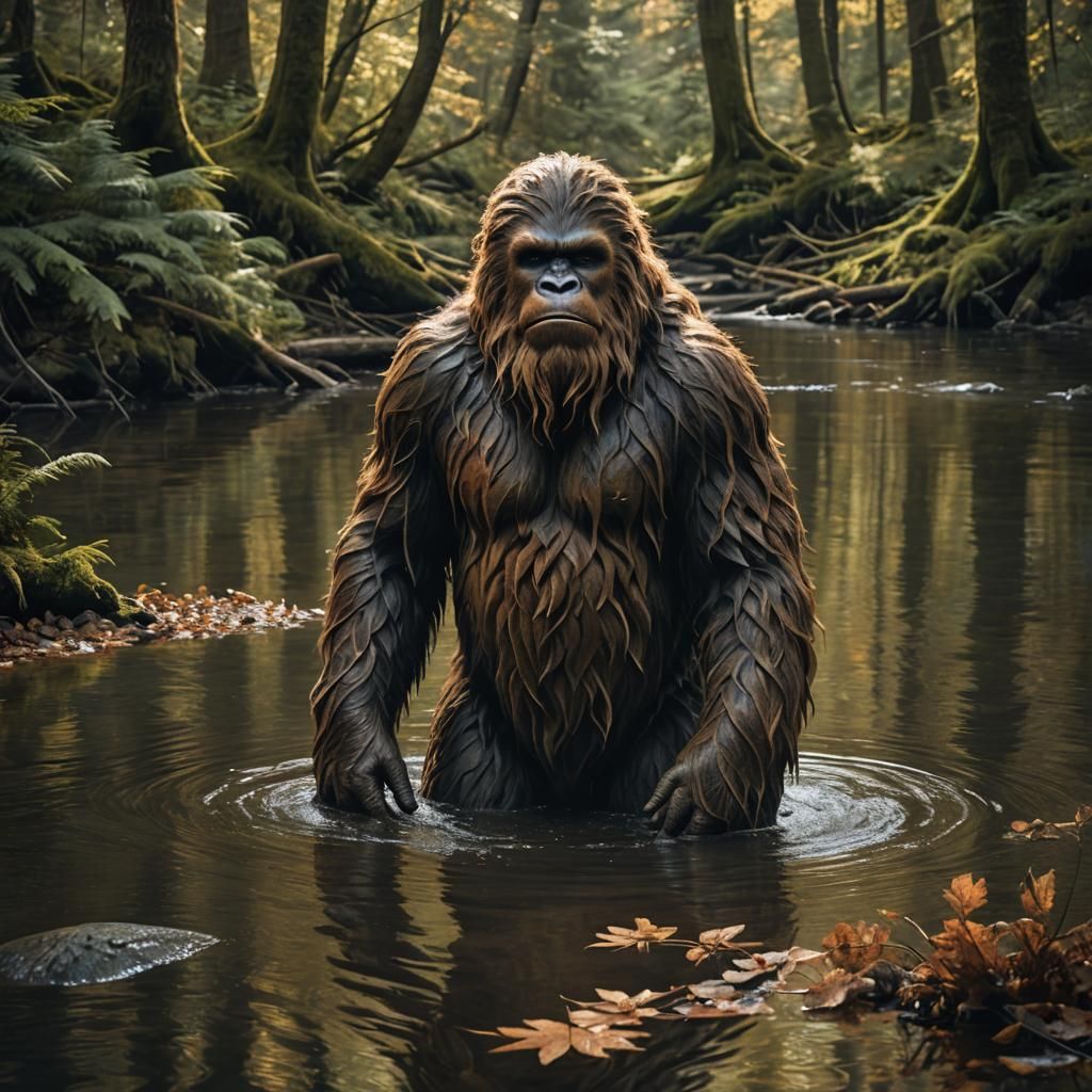 Sasquatch Gazes into River: Wildlife Photography