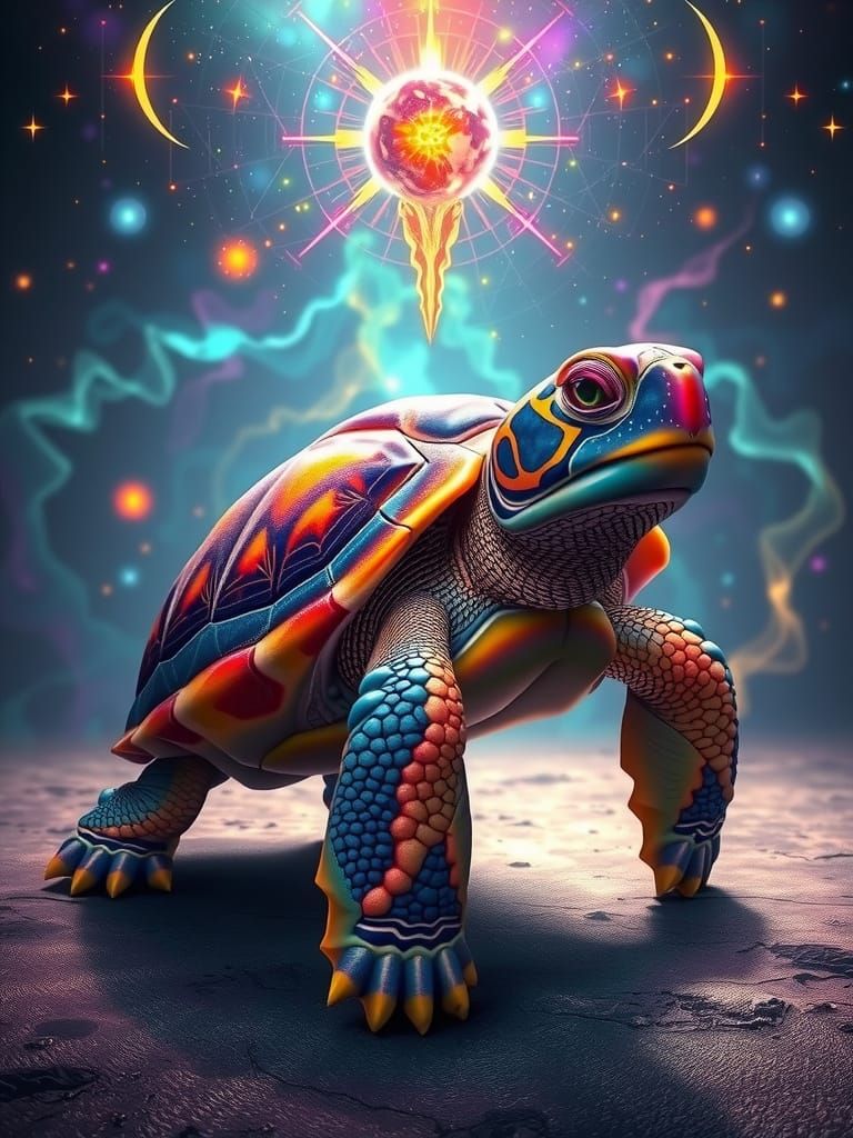 A studio photo of a rainbow coloured turtle in Space