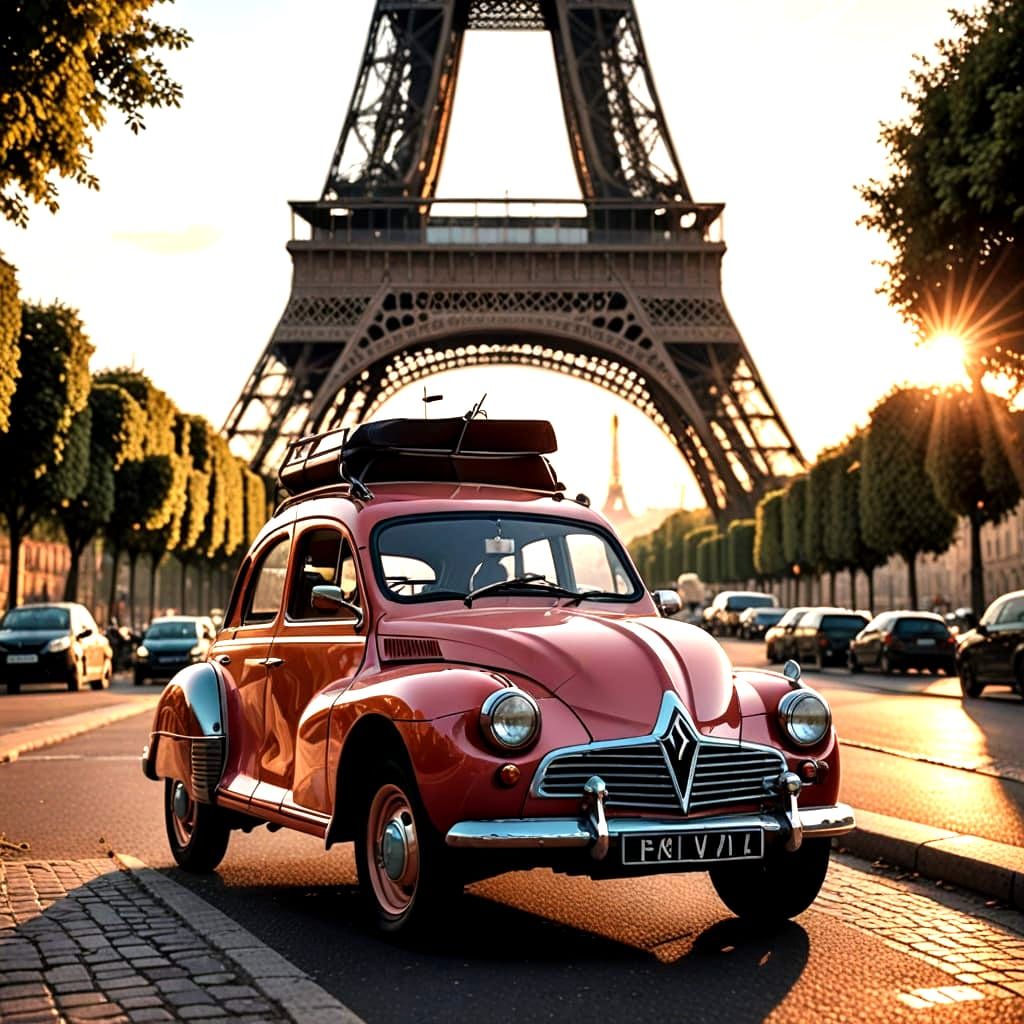 Classic Renault 4CV Under the Eiffel Tower