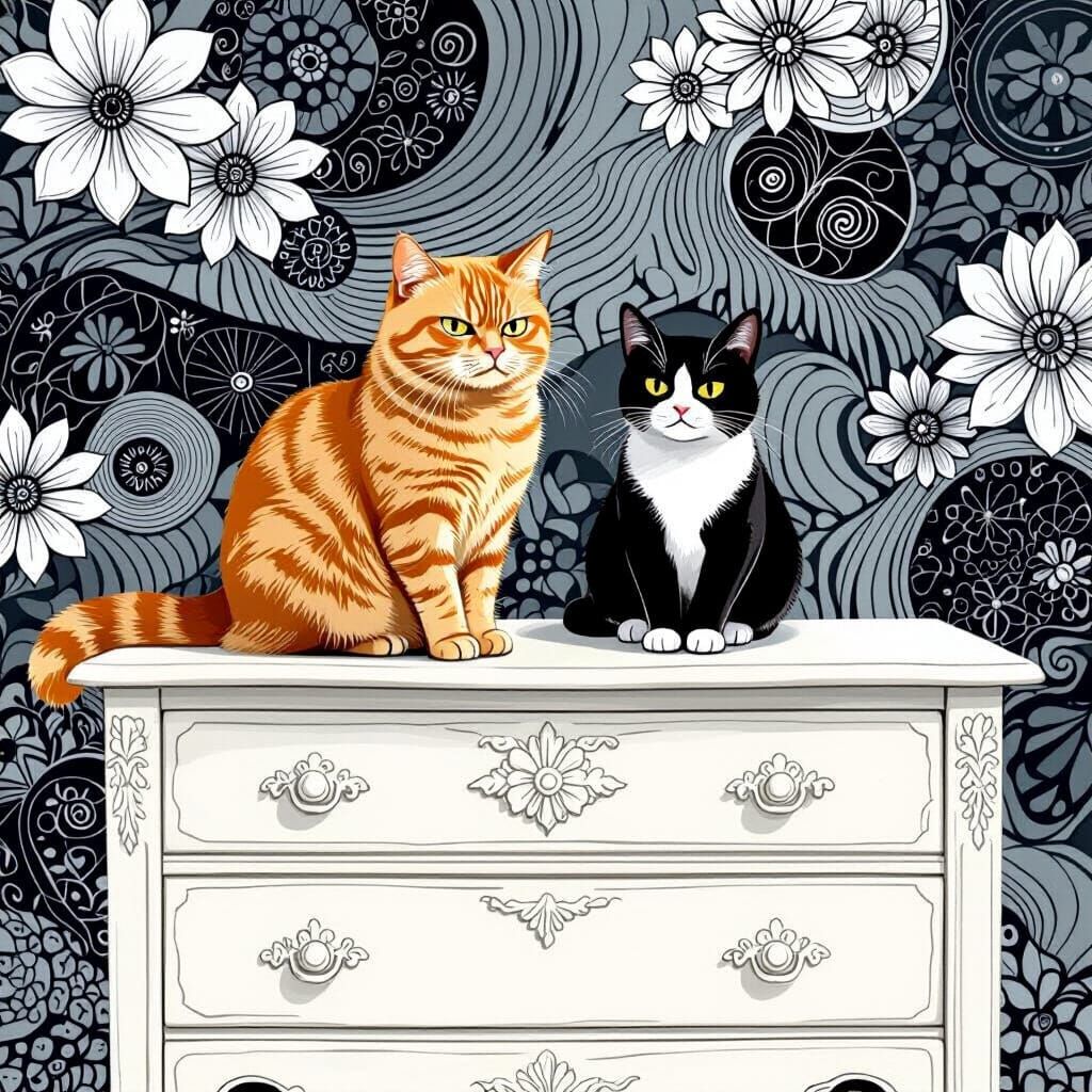 Grumpy Ginger Cat Annoyed by Tuxedo Friend on Dresser
