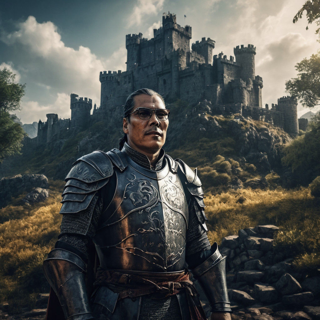 Medieval Knight Standing Before a Scottish Castle in Vibrant...